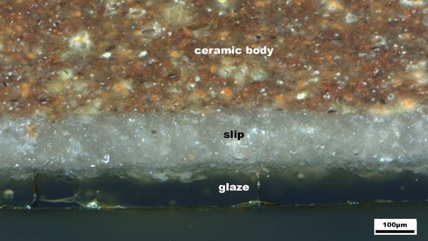 Reflected light photomicrograph of a cross-section of a sherd