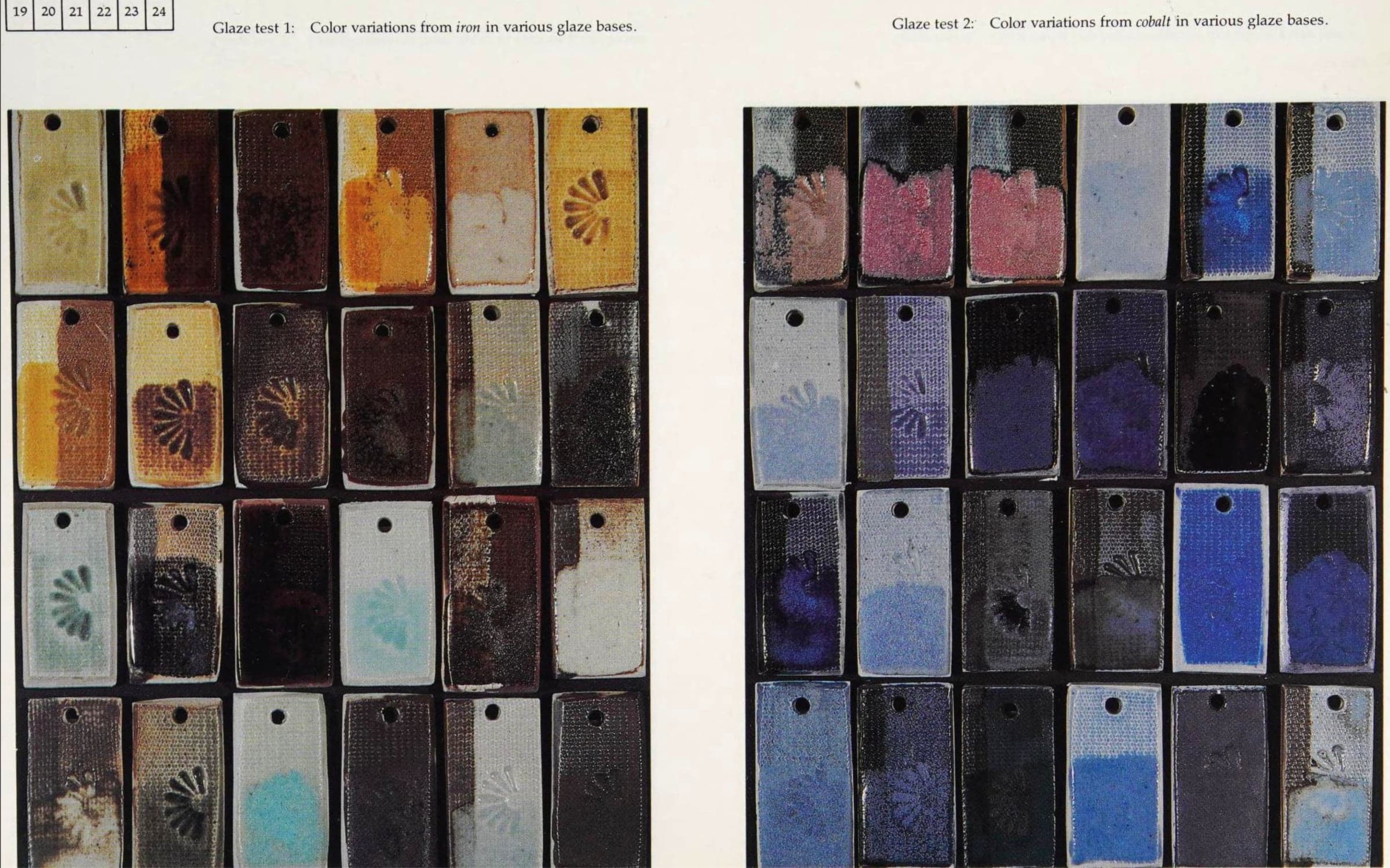 Color variations from iron and cobalt in various glazes