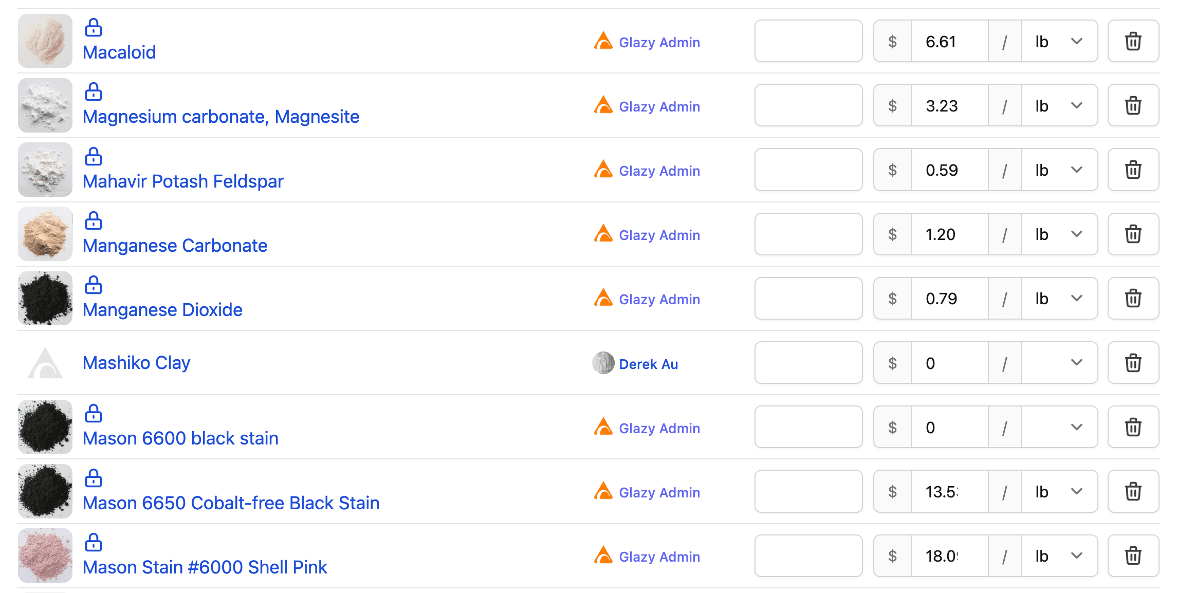 Entering price information in Glazy Inventory